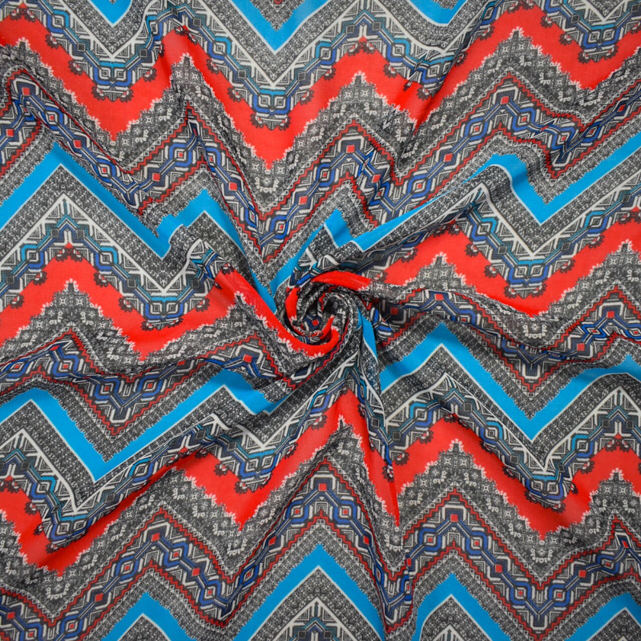 Red-Turquoise-Multi Poly Chevron Aztec Printed Chiffon Woven Fabric By the Yard